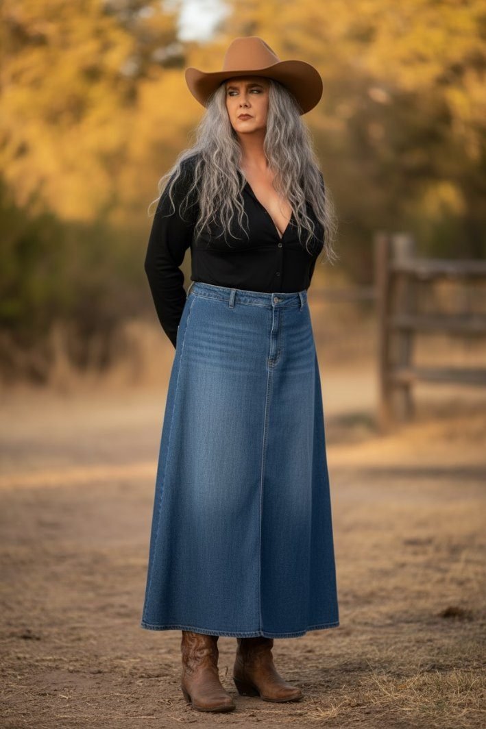 Full-length outdoor portrait of a woman in a cowboy hat, long denim skirt, and boots at golden hour