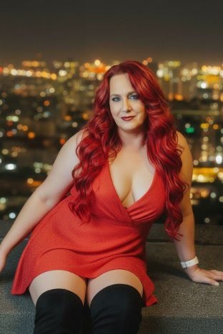 Night portrait of a woman in a red dress against blurred city lights